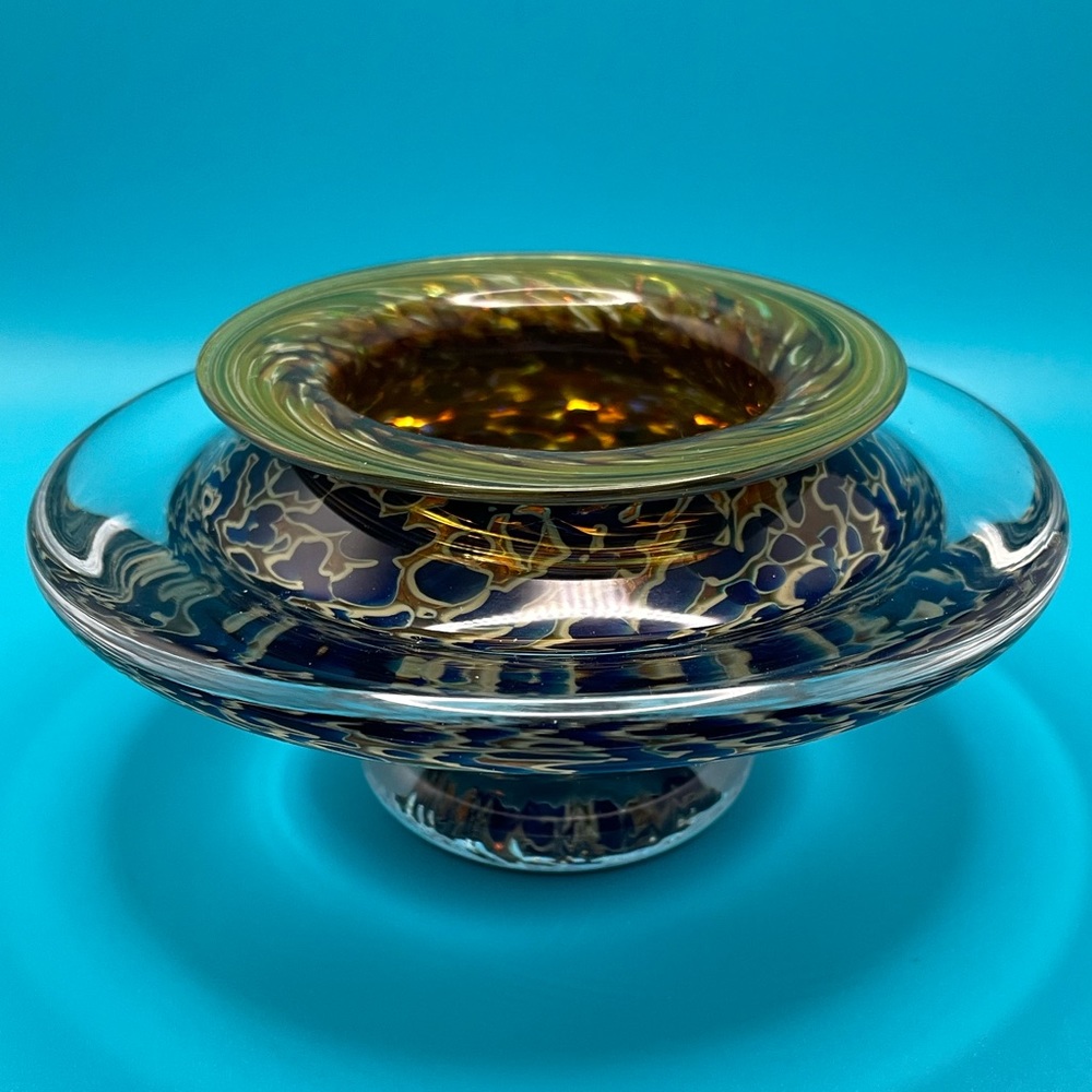 Art Glass Ikebana Vase - Cobalt Blue, Green & White - 3” X 5.5” - Beautiful!